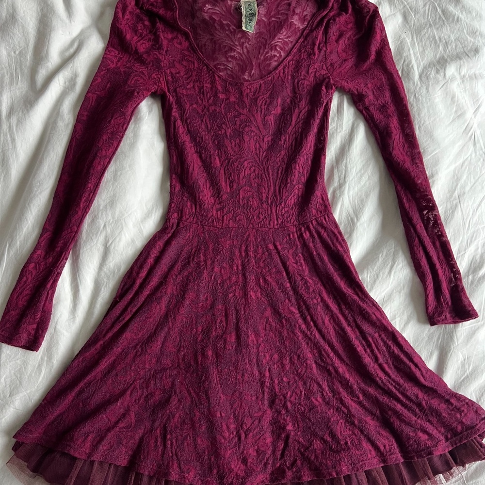 FREE PEOPLE Lace Fit and Flare Long Sleeve Dress in Maroon/Burgundy Size XS